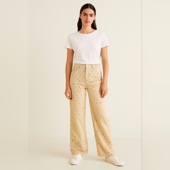 Eco-Friendly Denim - Cortefiel Eco-Friendly Women’s Palazzo Wide-leg Silhouette‎ Geometric Print